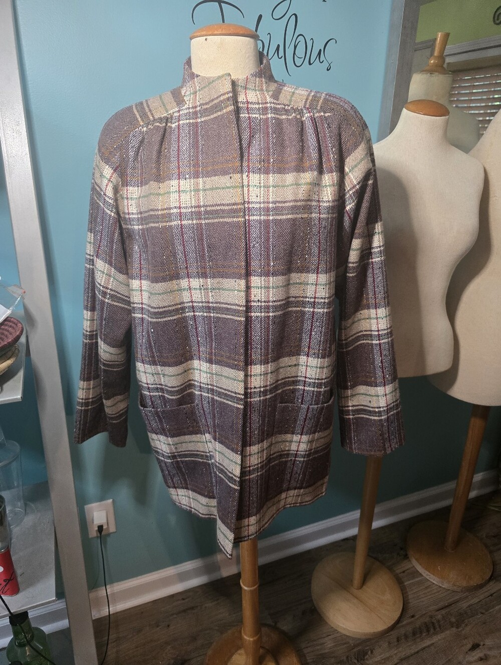 Lillie Rubin Plaid Mock Neck Wool-Blend Coat in Taupe & Cream
